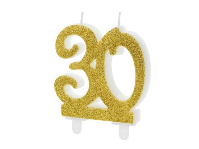 Dortová svíčka 30 pro 30. narozeniny, 8cm, zlatá barva s glitry (zn. PartyDeco)