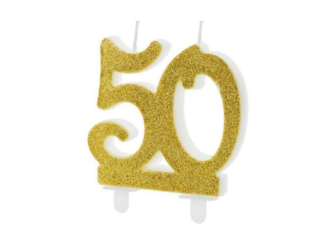 Dortová svíčka 50 pro 50. narozeniny, 8cm, zlatá barva s glitry (zn. PartyDeco)