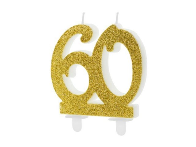 Dortová svíčka 60 pro 60. narozeniny, 8cm, zlatá barva s glitry (zn. PartyDeco)