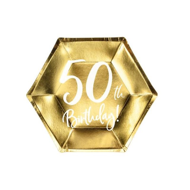 Papírové talířky pro 50. narozeniny / 50th birthday, 20x17cm, zlatá barva (zn. PartyDeco)