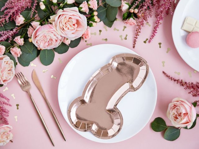 Papírové talířky Penis na rozlučku se svobodou, 26.5x15cm, rosegold barva (zn. PartyDeco)