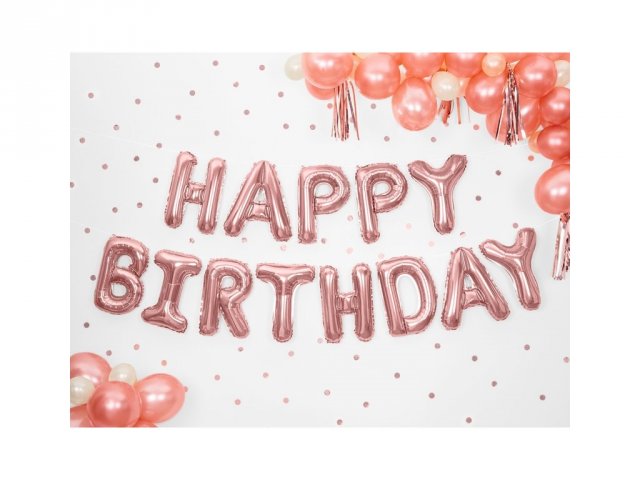Foliové balonky, nápis "Happy birthday", růžovo/zlatý