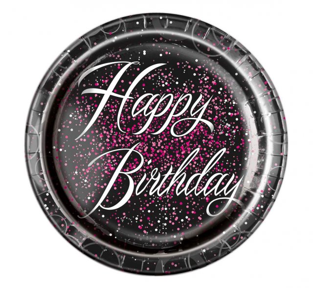 Papírové talířky Happy Birthday, černo-růžové, 22 cm, set 8ks (zn. UNIQUE)
