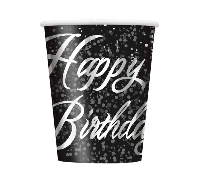 Papírové kelímky Happy Birthday, stříbrné, 270 ml, set 8ks (zn. UNIQUE)