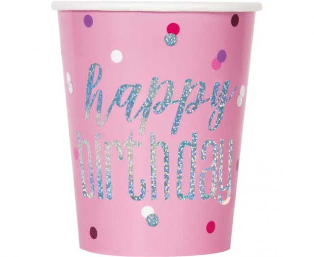 Papírové kelímky Happy Birthday - růžové, 270ml, set 8ks (zn. UNIQUE)