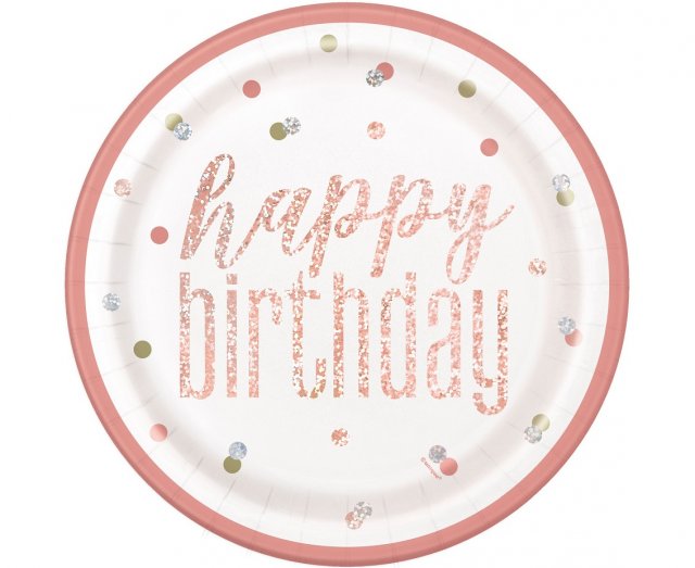 Papírové talířky Happy Birthday, bílo-růžové, 22 cm, set 8ks (zn. UNIQUE)