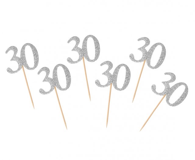 Zápich do dortu 30, stříbrná barva, 10cm - set 6ks (zn. Godan)