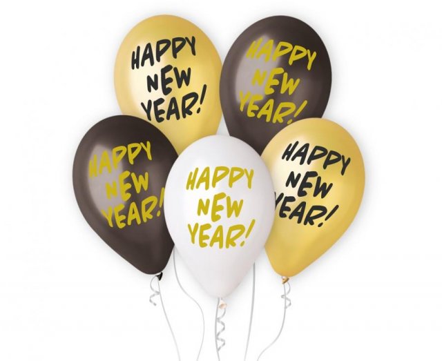 Prémiové balónky Happy New Year, 33cm, 5 ks bal.