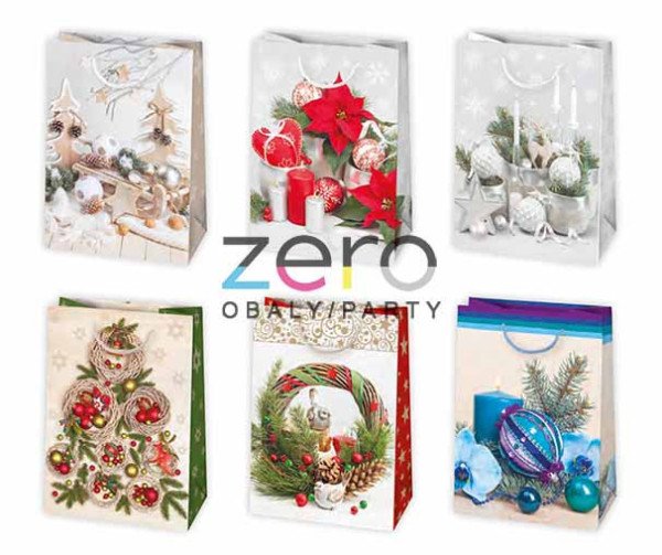 Taška dárková 23x32x11 cm - mix Vánoce - Bílá taška, přírodní ozdoby