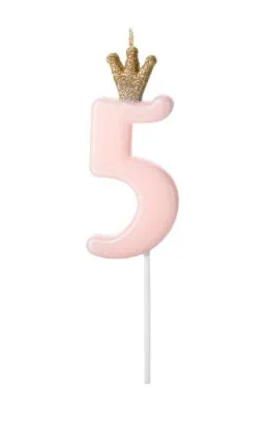 Narozeninová svíčka číslo 5 s korunkou, světle růžová, 9,5 cm