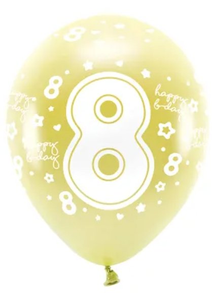 Metalické eko balónky 33 cm, číslo ''8'', světle zlaté, set 6ks