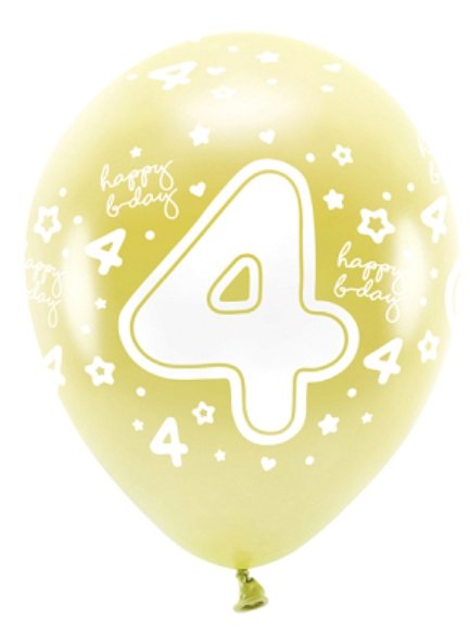 Metalické eko balónky 33 cm, číslo "4", světle zlaté, set 6ks