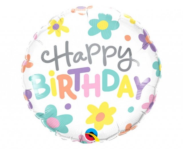 Fóliový balónek 46 cm "Happy Birthday" - Sedmikrásky, kulatý, 46 cm