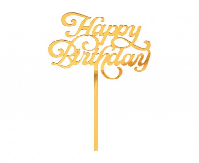 Akrylová dekorace na dort "Happy Birthday", zlatá, 11x15 cm