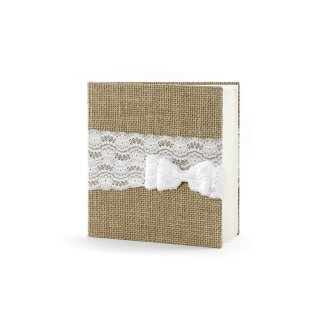 Svatební kniha hostů vázaná v jutové tkanině s mašlí