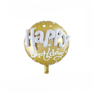 3D balónek "Happy Birthday", zlatý s bílým 3D nápisem, 58x58cm
