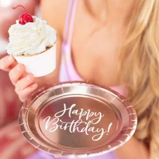 Talířky "Happy Birthday!", růžovo zlaté, 18cm, set 6 ks