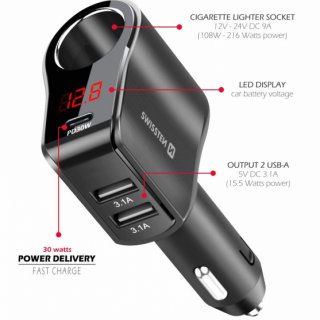 SWISSTEN autonabíječka s výstupem 1xCL 1xUSB-C PD a 2xUSB 12V/108W-216W