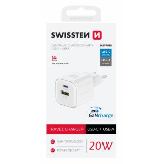 Mini adaptér GaN, 20W, power delivery, 1xUSB-C + 1xUSB QuickCharge 18W, bílá (zn. SWISSTEN)