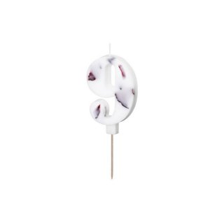 Svíčka na dort, číslice 9 - bílá s květinami, 8cm (zn. PartyDeco)