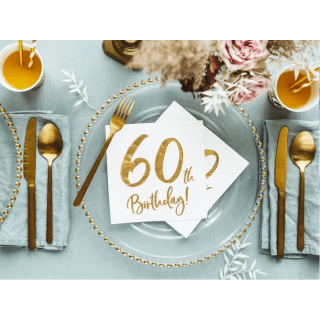 Ubrousky pro 60. narozeniny, bílé se zlatým nápisem (zn. PartyDeco)