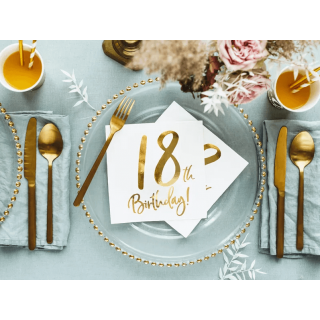 Ubrousky pro 18. narozeniny, bílé se zlatým nápisem (zn. PartyDeco)