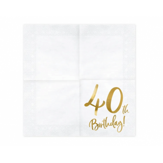 Ubrousky pro 40. narozeniny, bílé se zlatým nápisem (zn. PartyDeco)