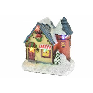 Vánoční dekorace - dům s věžičkou, s LED osvětlením, 9 cm