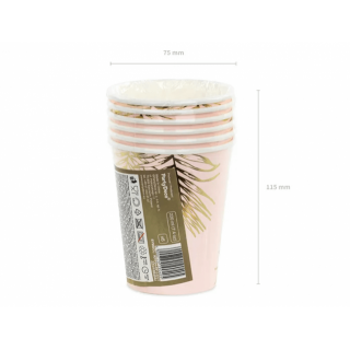 Papírový kelímek, růžový se zlatým listím, 220ml, set 6ks (zn. PartyDeco)