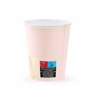 Papírový kelímek, růžový se zlatým listím, 220ml, set 6ks (zn. PartyDeco)