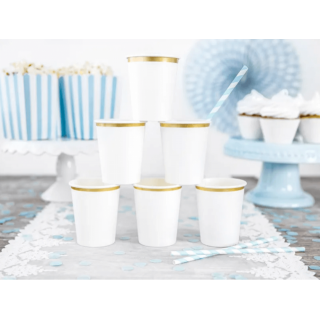 Papírové kelímky bílé se zlatým lemem, 260ml, set 6ks (zn. PartyDeco)