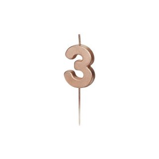 Svíčka na dort, číslice 3, rosegold barva, 4.5cm (zn. PartyDeco)