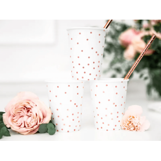 Papírové kelímky, bílé s růžovými puntíky, 260ml, set 6ks (zn. PartyDeco)