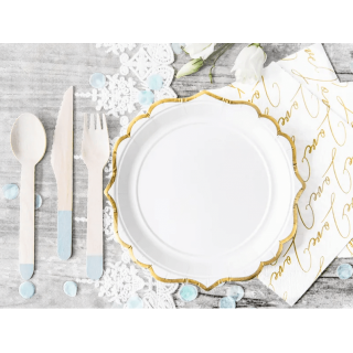 Papírové talířky - bílé s zlatým okrajem, 18.5cm, set 6ks (zn. PartyDeco)