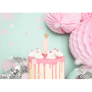 Narozeninová svíčka číslo 1 s korunkou, světle růžová, 9.5 cm (zn. PartyDeco)