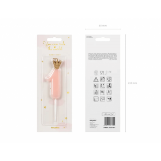 Narozeninová svíčka číslo 1 s korunkou, světle růžová, 9.5 cm (zn. PartyDeco)