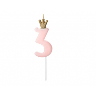 Narozeninová svíčka číslo 3 s korunkou, světle růžová, 9.5 cm (zn. PartyDeco)