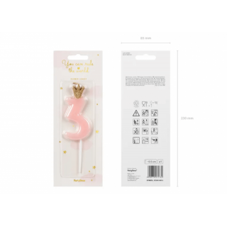 Narozeninová svíčka číslo 3 s korunkou, světle růžová, 9.5 cm (zn. PartyDeco)