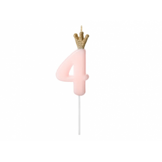 Narozeninová svíčka číslo 4 s korunkou, světle růžová, 9.5 cm (zn. PartyDeco)