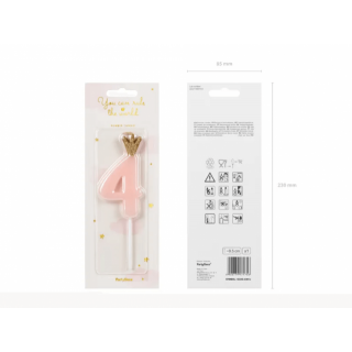 Narozeninová svíčka číslo 4 s korunkou, světle růžová, 9.5 cm (zn. PartyDeco)