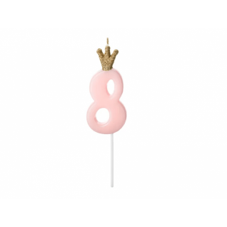 Narozeninová svíčka číslo 8 s korunkou, světle růžová, 9.5 cm (zn. PartyDeco)