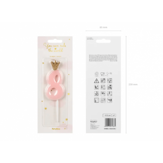 Narozeninová svíčka číslo 8 s korunkou, světle růžová, 9.5 cm (zn. PartyDeco)