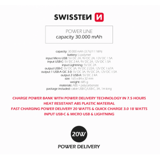 Powerbanka POWERLINE 30 000 mAh, 20W, černá (zn. SWISSTEN)