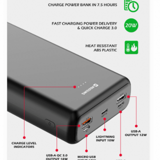 Powerbanka POWERLINE 30 000 mAh, 20W, černá (zn. SWISSTEN)