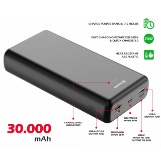 Powerbanka POWERLINE 30 000 mAh, 20W, černá (zn. SWISSTEN)