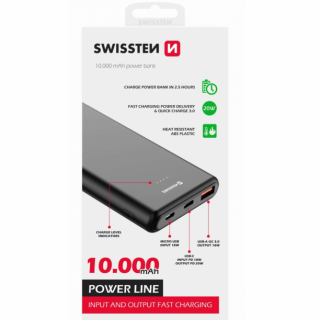 Powerbanka POWER LINE 10 000 mAh, 20W, Power Delivery, černá (zn. SWISSTEN)