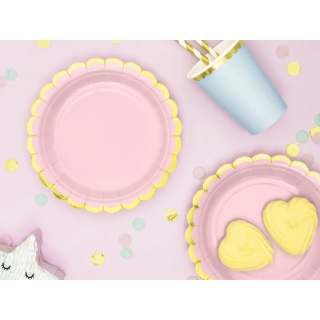 Papírové talířky, růžové se zlatým okrajem, 18cm, set 6ks (zn. PartyDeco)