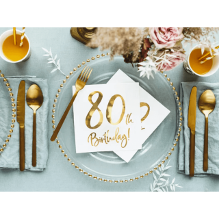 Ubrousky pro 80. narozeniny, bílé se zlatým nápisem (zn. PartyDeco)