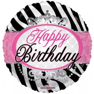 Fóliový balónek ZEBRA, kruh, Happy birthday, velikost 46cm (zn. Kaleidoscope)