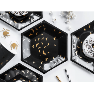 Halloweenské papírové talířky, černé s Netopýry, 20cm, set 6ks (zn. PartyDeco)
